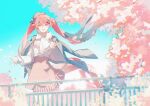  1girl absurdly_long_hair blue_sky cherry_blossoms chromatic_aberration floating_clothes floating_hair flower hatsune_miku highres lluyss long_hair looking_at_viewer official_alternate_costume open_mouth outdoors pink_eyes pink_flower pink_hair pink_theme sakura_miku sakura_miku_(rella) sky smile solo twintails very_long_hair vocaloid wavy_hair 