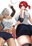  2girls abs armpits arms_up ass back ball bare_shoulders black_buruma blue_buruma blue_eyes blush boudica_(fate) breasts buruma cleavage collar cuffs dark-skinned_female dark_skin detached_sleeves earrings elbow_pads fate/grand_order fate_(series) green_eyes grey_hair highres jewelry jikihatiman large_breasts long_hair looking_at_viewer looking_back metal_collar multiple_girls muscular muscular_female navel ponytail red_hair shackles shirt short_hair short_ponytail sleeveless sleeveless_shirt thighs very_long_hair volleyball_(object) white_shirt zenobia_(fate) 