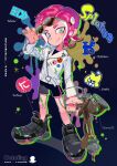  1boy adjusting_clothes adjusting_headwear aerospray_(splatoon) badge belt black_footwear black_shorts blush button_badge closed_mouth copyright_name drop_shadow eyewear_on_head full_body grey_eyes gun holding holding_gun holding_weapon ink inkling inkling_(language) inkling_boy jacket male_focus shoes shorts smile sneakers solo splatoon_(series) splatoon_3 sticker tentacle_hair toni_kensa_(splatoon) weapon white_belt white_jacket zikko_100 