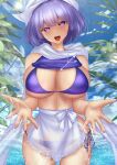  1girl apron blue_sky breasts cleavage cloud commentary_request cowboy_shot flake-shaped_pupils highres huge_breasts lapel_pin letty_whiterock looking_at_viewer open_mouth outdoors purple_eyes purple_hair scarf shounen_(hogehoge) sky solo teeth touhou upper_teeth_only waist_apron wet white_apron white_scarf 