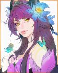  1girl ahri_(league_of_legends) animal_ears blue_flower border bug butterfly elderwood_ahri eyeshadow facial_mark fingernails flower fox_ears fox_tail hair_between_eyes hair_flower hair_ornament highres jian_tai_(cuoyu0) league_of_legends long_hair looking_at_viewer makeup nail_polish official_alternate_costume official_alternate_hairstyle orange_border parted_lips purple_hair purple_nails signature simple_background smile solo tail upper_body whisker_markings white_background yellow_eyes 