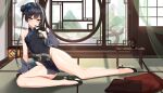  1girl bare_legs black_hair blue_archive bottle breasts butterfly_hair_ornament china_dress chinese_clothes chinese_commentary chixiao covered_navel cushion double_bun dress full_body grey_eyes groin hair_bun hair_ornament high_heels highres index_finger_raised indoors kisaki_(blue_archive) looking_at_viewer lying off_shoulder on_side parted_lips pelvic_curtain sake_bottle second-party_source shirt short_dress side_slit small_breasts solo striped striped_shirt table taut_clothes taut_dress thighs tree twintails window 