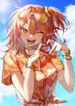  1girl ahoge blue_sky breasts cloud day eyewear_on_head fate/grand_order fate_(series) floral_print fujimaru_ritsuka_(female) fujimaru_ritsuka_(female)_(tropical_summer) hair_between_eyes hair_ornament hair_scrunchie hawaiian_shirt heart heart_hands hibiscus_print highres kakurikaku medium_breasts medium_hair official_alternate_costume one_eye_closed one_side_up open_mouth orange-tinted_eyewear orange_hair orange_scrunchie orange_shirt print_shirt scrunchie shirt short_sleeves sky solo sunglasses tied_shirt tinted_eyewear upper_body white-framed_eyewear yellow_scrunchie 