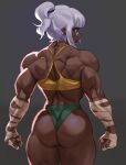  1girl ass bandage_on_face bandages blue_eyes clenched_hands dark_skin dlusional frown hair_bun hand_wraps highres huge_ass looking_back muscular muscular_female original scar scar_on_face single_hair_bun solo tank_top thick_thighs thighs white_hair 