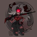  1girl bare_shoulders black_horns black_nails bracelet brown_background colored_sclera colored_skin cyclops demon demon_girl demon_horns earrings evil_grin evil_smile grin gun gun_on_back hand_on_own_hip helluva_boss highres holding holding_gun holding_weapon horns jewelry long_hair looking_at_viewer martha_(helluva_boss) one-eyed pants red_sclera red_skin sharp_teeth skull_earrings slit_pupils smile solo spiked_bracelet spikes superredlunatic teeth torn_clothes torn_pants very_long_hair weapon weapon_on_back white_hair yellow_eyes 