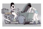  2girls ass black_hair highres long_hair multiple_girls original short_hair short_shorts shorts simple_background sitting sukabu tank_top three-wheeler 