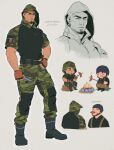  2boys artist_name bara boots camouflage camouflage_jacket camouflage_pants chibi food food_in_mouth glaz_(rainbow_six_siege) gloves green_jacket green_pants highres holding holding_knife holding_weapon hood hood_up hooded_jacket jacket kapkan_(rainbow_six_siege) knife large_pectorals levasoj looking_at_another male_focus multiple_boys muscular muscular_male orange_gloves pants pectorals rainbow_six_siege weapon 
