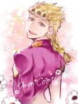  1boy blonde_hair blurry braid depth_of_field flower giorno_giovanna green_eyes highres jojo_no_kimyou_na_bouken looking_back male_focus mikan03260 solo vento_aureo wing_ornament 
