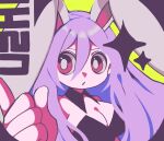  1girl animal_ears black_background black_leotard breasts bright_pupils detached_collar dmebgsa3 hair_between_eyes index_finger_raised large_breasts leotard long_hair looking_to_the_side open_mouth playboy_bunny pointing purple_hair rabbit_ears rabbit_girl red_eyes reisen_udongein_inaba touhou two-tone_background very_long_hair white_fur white_pupils yellow_background 