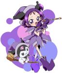  1girl :d black_eyes blush boots borrowed_clothes broom broom_riding commentary_request crossover dress earrings edamame_(buruburu) full_body gloves grin hands_up hat holding holding_wand jewelry kuromi looking_at_another looking_at_viewer magical_girl ojamajo_doremi one_side_up onegai_my_melody pointy_footwear purple_dress purple_eyes purple_footwear purple_gloves purple_hair purple_headwear segawa_onpu short_hair smile standing wand witch_hat 