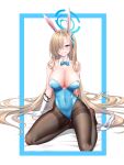  1girl absurdres animal_ears asuna_(blue_archive) asuna_(bunny)_(blue_archive) black_pantyhose blue_archive blue_bow blue_bowtie blue_eyes blue_halo blue_leotard blue_ribbon bow bowtie breasts cleavage collarbone covered_navel detached_collar fake_animal_ears grin gukukimu hair_over_one_eye hair_ribbon halo high_heels highres large_breasts leotard light_brown_hair long_hair looking_at_viewer mole mole_on_breast official_alternate_costume pantyhose rabbit_ears ribbon smile solo strapless strapless_leotard white_footwear 