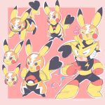  2018 all_fours ambiguous_gender capcom clothing cosplay_pikachu_(costume) crossover duo elec_man generation_1_pokemon hi_res human male mammal mask mega_man_(series) multiple_poses nintendo one_eye_closed open_mouth open_smile pikachu pikachu_libre pokemon pokemon_(species) pose rockshun semi-anthro simple_background smile wink 