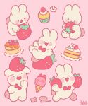  :3 :o blush_stickers bow bowtie chibi commentary cream cupcake eating english_commentary flower food food_focus fruit full_body highres holding holding_food holding_fruit ice_cream ice_cream_cone jinglebunns no_humans open_mouth original pink_background pink_bow pink_bowtie pink_flower pink_theme rabbit signature simple_background strawberry teeth upper_teeth_only white_rabbit_(animal) 