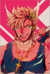  1boy bandage_on_face bandaged_neck bandages battle_tendency blonde_hair blue_eyes caesar_anthonio_zeppeli cigarette cross cross_necklace facial_mark feather_hair_ornament feathers fingerless_gloves gloves hair_ornament hairclip holding holding_weapon jewelry jojo_no_kimyou_na_bouken male_focus mouth_hold necklace shirt solo suzuri513 tank_top torn_clothes torn_shirt triangle_print weapon 