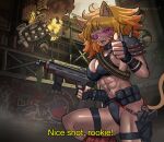  abs ammunition_pouch animal_ears bandolier bikini cat_ears cat_girl cat_tail choker cityscape collar drone english_text ezzydraws facial_mark fangs fingerless_gloves fire flying gloves graffiti gun handgun highres looking_at_viewer muscular muscular_female orange_hair original pink_eyes pouch sharp_teeth shoulder_spikes smile spikes submachine_gun sunglasses swimsuit tail teeth thumbs_up toned weapon whisker_markings 