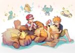  2boys arcanine barefoot black_shirt blue_oak collared_shirt comb flying_sweatdrops green_pants hair_dryer hat holding huan_li lapras machamp male_focus multiple_boys musical_note pants parted_lips pet_nail_clippers pidgeot pikachu pokemon pokemon_(creature) pokemon_(game) pokemon_sm raglan_sleeves red_(pokemon) red_headwear shirt short_hair short_sleeves sitting smile snorlax sparkle spiked_hair toes 