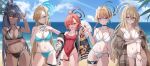  5girls adjusting_eyewear ahoge akane_(blue_archive) arm_under_breasts arm_up asuna_(blue_archive) asymmetrical_bangs bare_shoulders beach bikini black_bikini black_choker black_hair blonde_hair blue_archive blue_bikini blue_eyes blue_ribbon blue_sky blush braid breasts brown_eyes brown_shawl bun_cover choker cleavage closed_mouth cloud collarbone commentary_request cowboy_shot dark-skinned_female dark_skin day eyewear_on_head front-tie_bikini_top front-tie_top glasses gradient_hair grin groin hair_between_eyes hair_bun hair_over_one_eye hair_ribbon halo hand_in_pocket hand_up heart high_ponytail highres huge_ahoge jacket karin_(blue_archive) large_breasts long_bangs long_hair looking_at_viewer maid_headdress medium_breasts midriff multicolored_hair multiple_girls navel neru_(blue_archive) noa_(noa01010) off_shoulder one-piece_swimsuit open_clothes open_jacket open_mouth outdoors plaid_shawl ponytail print_jacket purple_hair red_eyes red_one-piece_swimsuit ribbon shawl side-tie_bikini_bottom sidelocks single_braid single_hair_bun sky smile standing sukajan sunglasses swimsuit teeth thigh_strap toki_(blue_archive) v white_bikini wristband yellow_eyes 