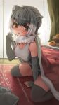  1girl animal_ears bare_shoulders blush elbow_gloves fingerless_gloves frills fur_collar gloves grey_gloves grey_hair grey_one-piece_swimsuit grey_thighhighs highres kemono_friends kotatsu looking_at_viewer melaton one-piece_swimsuit otter_ears otter_girl short_hair sidelocks sitting sleeveless small-clawed_otter_(kemono_friends) solo swimsuit table thighhighs white_hair zettai_ryouiki 