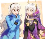  2girls absurdres applying_makeup betabetamaru black_hairband blue_bodysuit bodysuit breasts brown_eyes cape cleavage commentary_request commission corrin_(female)_(fire_emblem) corrin_(fire_emblem) cosmetics cosplay english_commentary fire_emblem fire_emblem_awakening fire_emblem_fates fire_emblem_heroes hairband headgear highres large_breasts light_brown_hair lipstick_tube long_hair metroid mixed-language_commentary multiple_girls purple_cape robin_(female)_(fell_tactician)_(fire_emblem) robin_(female)_(fire_emblem) robin_(fire_emblem) samus_aran samus_aran_(cosplay) see-through_cleavage skeb_commission very_long_hair wavy_hair zero_suit 