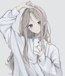  1girl artist_name blonde_hair blue_eyes blue_shirt blush closed_mouth collared_shirt grey_background grey_hair highres holding holding_hair holding_phone long_hair long_sleeves looking_at_viewer niaa original phone puffy_sleeves selfie shirt sidelocks simple_background smartphone_case solo sweater taking_picture upper_body white_sweater 
