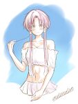  1girl alternate_costume andanden aria bikini bikini_skirt blush breasts closed_mouth collarbone cropped_torso eyelashes grey_eyes hair_tubes hand_up highres looking_at_viewer mizunashi_akari navel parted_bangs pink_hair short_hair_with_long_locks signature sketch solo swimsuit white_bikini 