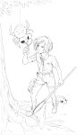  1boy belt_buckle belt_pouch buckle bugsy_(pokemon) butterfly_net closed_mouth collared_shirt commentary greyscale hand_net highres holding holding_butterfly_net holding_magnifying_glass inktober kazuko_(towa) knees looking_up magnifying_glass male_focus monochrome neckerchief one_eye_closed outdoors pokemon pokemon_(creature) pokemon_(game) pokemon_hgss pokemon_on_leg pouch shirt shoes short_hair short_sleeves shorts socks spinarak standing tree 