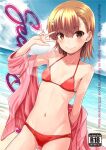  1girl arm_behind_back bikini blue_sky breasts brown_eyes brown_hair cleavage closed_mouth clothes_down cloud collarbone cover cover_page day doujin_cover dutch_angle flower groin hair_between_eyes hair_flower hair_ornament halterneck jacket medium_hair misaka_mikoto navel ocean okara outdoors pink_jacket red_bikini sideboob sky small_breasts smile solo straight_hair summer sweatdrop swimsuit toaru_kagaku_no_railgun toaru_majutsu_no_index w white_flower 