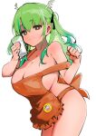  1girl antlers apron breasts brown_eyes ceres_fauna cleavage cup dismassd green_hair highres holding holding_cup hololive hololive_english large_breasts long_hair looking_at_viewer milk mole mole_under_eye naked_apron simple_background smile solo twintails virtual_youtuber white_background 