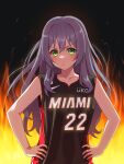  1girl asahi_rokka bang_dream! bare_shoulders basketball basketball_uniform blue_hair blush fire green_eyes highres jimmy_butler long_hair looking_at_viewer miami_heat national_basketball_association open_mouth sleeveless solo sportswear yazawa_happyaro 