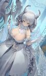  1girl absurdres breasts cleavage demon_girl demon_horns demon_wings dress duel_monster gloves grey_eyes highres holding horns large_breasts lovely_labrynth_of_the_silver_castle low_wings mamayu multiple_wings pointy_ears smile solo transparent_wings twintails weapon white_gloves white_hair white_horns wings yu-gi-oh! 