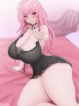  1girl absurdres artist_name black_choker black_nails black_negligee breasts chair choker cleavage highres hololive huge_breasts long_hair mori_calliope mori_calliope_(6th_costume) on_bed panties pink_eyes pink_hair red_panties skull_choker solo thighs underwear virtual_youtuber zask 