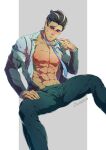  1boy abs artist_name bara black_hair blush collared_shirt denim evinist formal grey_hair highres jacket jeans larry_(pokemon) looking_at_viewer male_focus manly mature_male multicolored_hair muscular muscular_male necktie nipples pants pectorals pokemon pokemon_(game) pokemon_sv shirt signature simple_background solo spread_legs suit thick_eyebrows tight_clothes 