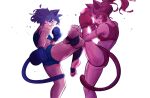  2girls amazu_(kurozu) aoi_(amazu) bare_shoulders blue_gloves blue_hair blue_shirt boxing_gloves dark-skinned_female dark_skin gloves highres kickboxing mari_(amazu) multiple_girls original red_gloves red_hair red_shirt shirt toeless_legwear 