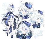  1girl :t ahoge ascot black_gloves blue_eyes blue_hair blue_headwear blue_jacket boo_1 bow chibi closed_mouth expressions frills full_body furina_(genshin_impact) genshin_impact gloves hair_between_eyes hat highres jacket light_blue_hair long_hair long_sleeves looking_at_viewer low_ponytail multicolored_hair multiple_views open_mouth pout puffy_cheeks serious shorts smile solo thigh_strap thighs top_hat weapon white_gloves white_hair 