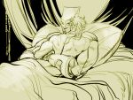  2boys dio_brando jojo_no_kimyou_na_bouken lying lying_on_person male_focus merumeru626 monochrome multiple_boys muscular muscular_male on_stomach pillow stand_(jojo) stardust_crusaders the_world topless_male under_covers 