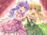  2girls :d bare_shoulders blonde_hair blush bow braid closed_mouth commentary commission dress earrings english_commentary frilled_dress frills green_bow green_dress green_eyes hair_bow highres holding_hands interlocked_fingers jewelry kouta. long_hair long_sleeves looking_at_viewer multiple_girls off-shoulder_dress off_shoulder original pink_dress puffy_sleeves purple_eyes purple_hair ribbon-trimmed_dress single_hair_intake skeb_commission smile very_long_hair wide_sleeves 
