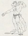  anthro black_and_white bulge chest_tattoo claws clothing crocodile crocodilian crocodylid daylon_(dislyte) dislyte facial_markings head_markings hi_res jockstrap male markings monochrome muscular pose reptile scalie solo spikes tattoo teeth underwear zinthings 