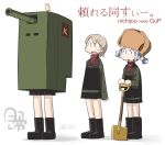  3girls acronym aioi_yuuko alina_(girls_und_panzer) alina_(girls_und_panzer)_(cosplay) aoneco bird black_footwear black_skirt black_vest blue_hair blush brown_hair clara_(girls_und_panzer) clara_(girls_und_panzer)_(cosplay) copyright_name cosplay girls_und_panzer green_jacket jacket minakami_mai multiple_girls naganohara_mio nichijou nina_(girls_und_panzer) nina_(girls_und_panzer)_(cosplay) nonna_(girls_und_panzer) nonna_(girls_und_panzer)_(cosplay) open_mouth red_shirt shirt short_hair short_twintails skirt tank_costume translation_request twintails vest 