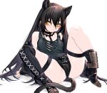  1girl animal_ears arknights asymmetrical_footwear black_hair black_tank_top blush boots cat_ears cat_girl cat_tail dagda_(arknights) extra_ears hair_between_eyes knee_boots kochiya_(gothope) long_hair looking_at_viewer short_shorts shorts sidelocks simple_background single_knee_boot solo spread_legs tail tank_top thighs very_long_hair white_background yellow_eyes 