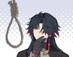  1boy :| black_gloves blade_(honkai:_star_rail) chinese_clothes closed_mouth earrings gloves honkai:_star_rail honkai_(series) jewelry long_hair male_focus man_looking_at_noose_(meme) meme noose parted_bangs red_eyes rope san_ystr simple_background solo thinking upper_body 