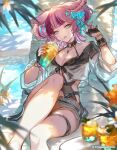 1girl animal_ears beach black_gloves black_nails black_one-piece_swimsuit bracelet breasts brown_shorts cup day disposable_cup ear_piercing erune eyeshadow fingerless_gloves gloves granblue_fantasy holding holding_cup jacket jewelry looking_at_viewer makeup manamel_(granblue_fantasy) medium_breasts minaba_hideo multicolored_hair official_art one-piece_swimsuit outdoors piercing pink_hair purple_hair short_hair shorts sitting swimsuit thighs two-tone_hair white_jacket 