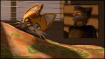  anthro bedding blanket blinds blush canid canine chadchan3d comic_panel duo evil_grin fox fox_mccloud hi_res looking_at_another looking_back male mammal miles_prower nintendo sega smile smug_face smug_grin sonic_the_hedgehog_(series) star_fox surprise 