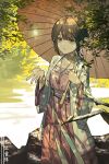  1girl absurdres brown_eyes brown_hair brown_umbrella collarbone day hair_between_eyes highres holding holding_umbrella long_sleeves oil-paper_umbrella open_clothes original outdoors parted_lips solo stkme umbrella water wide_sleeves 