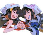  2girls akari_(pokemon) beanie black_hair closed_eyes dawn_(pokemon) galaxy_expedition_team_survey_corps_uniform hair_ornament hairclip hat head_scarf heads_together hinann_bot holding_hands lying multiple_girls on_back open_mouth pokemon pokemon_(game) pokemon_dppt pokemon_legends:_arceus red_scarf scarf shirt simple_background sleeveless sleeveless_shirt smile white_background white_headwear wristband 