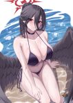  1girl absurdres arm_support bare_arms bare_shoulders bikini black_bikini black_choker black_wings blue_archive breasts choker feathered_wings hair_between_eyes halo halterneck hasumi_(blue_archive) highres kaijiba large_breasts large_wings looking_at_viewer low_wings mole mole_under_eye navel parted_lips red_eyes red_halo side-tie_bikini_bottom sitting solo stomach swimsuit thighs water wet wings 