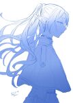  1girl blue_theme capelet closed_mouth commentary_request dated frieren from_side highres long_hair looking_at_viewer monochrome pointy_ears profile solo sousou_no_frieren thick_eyebrows twintails twitter_username upper_body white_background yuri_kyanon 