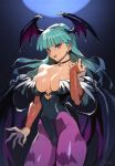  1girl :q animal_print bare_shoulders bat_print black_choker black_leotard breasts bridal_gauntlets choker cleavage collarbone commentary demon_girl demon_wings english_commentary green_eyes green_hair head_wings heart heart_choker highres large_breasts leotard long_hair looking_at_viewer morrigan_aensland optionaltypo pantyhose print_pantyhose purple_pantyhose solo tongue tongue_out vampire_(game) wings 