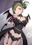  1girl absurdres bare_shoulders bikini black_bikini black_collar black_hairband black_sleeves black_thighhighs blush breasts cleavage collar demon_horns demon_tail demon_wings detached_collar detached_sleeves fake_horns fake_tail fake_wings folded_ponytail gotokawa_meguro green_eyes green_hair hairband hand_on_own_chest hands_up highres horns idolmaster idolmaster_shiny_colors idolmaster_starlit_season index_finger_raised large_breasts long_hair looking_at_viewer midriff nanakusa_hazuki navel solo standing swimsuit tail thighhighs wings 