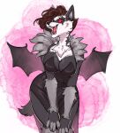  anthro biped breasts clothed clothing dress fangs female generation_8_pokemon gimka hair hi_res mammal nintendo obstagoon open_mouth pokemon pokemon_(species) red_eyes solo teeth vampire_costume wings 