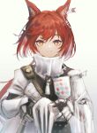  1girl absurdres aiv animal_ear_fluff animal_ears arknights black_jacket brown_background closed_mouth commentary_request flametail_(arknights) gauntlets gorget hair_between_eyes highres holding jacket long_hair red_eyes red_hair simple_background smile solo upper_body very_long_hair 